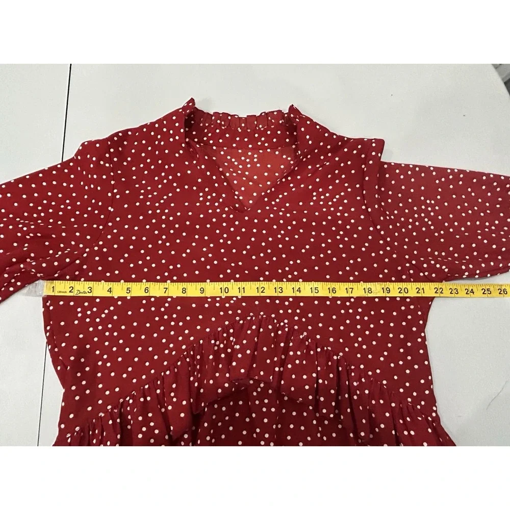 Unbranded Red Polka Dot Ruffle Tiered Dress Size‎ L Plunge Collar Twee Secretary - Picture 9 of 10
